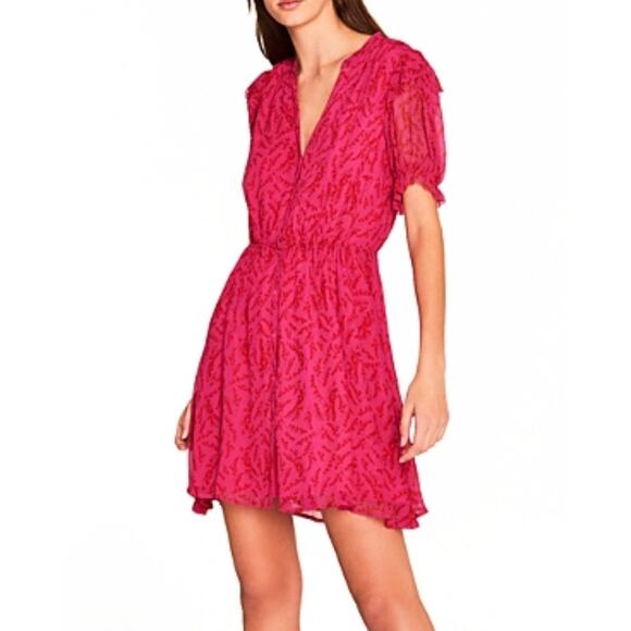 BA&SH Womens Matcha Printed Mini Dress Large Fuchsia Pink Floral V Neck Button - Picture 1 of 13